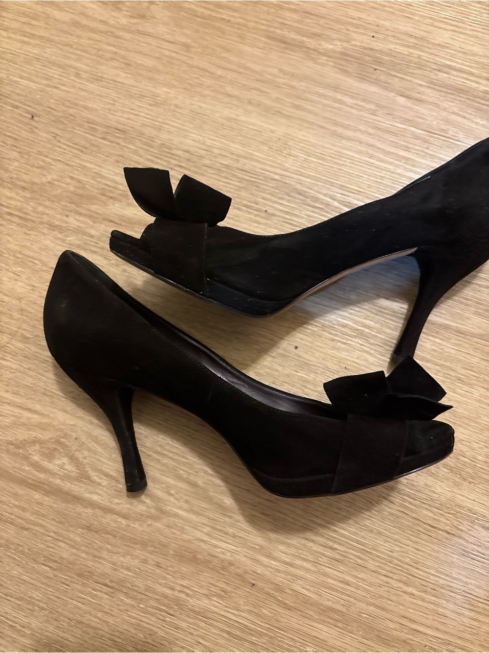 Via Spiga Black Suede Peep-Toe Heels with Bow Accent